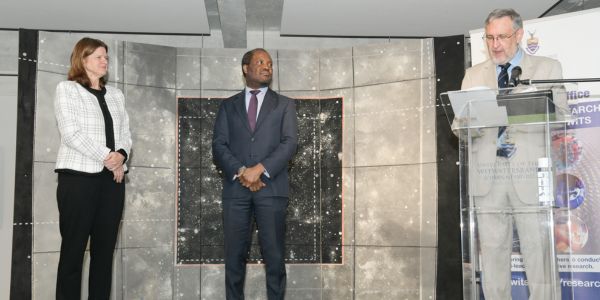 DVC Prof Lynn Morris, VC Prof Zeblon Vilakazi, Research Director Dr Robin Drennan and artist Karel Nel's backdrop_600x300